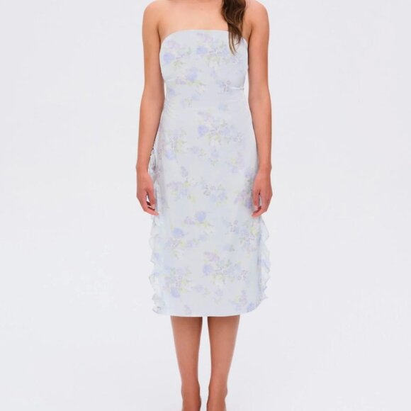 NEW FOR LOVE AND LEMONS MARISA STRAPLESS BLUE FLORAL SATIN MIDI DRESS SIZE S - Picture 1 of 14